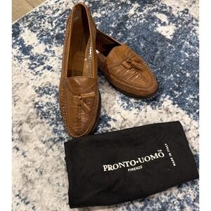 PRONTO UOMO Firenze Mens 10.5M Brown Basket Weave Leather‎ Loafer Tassels Italy